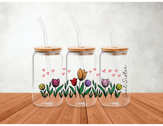 Soul Sister with Tulips Glass Can -16oz